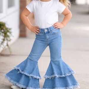 GOGO Light Blue Double Ruffle Flare Jeans with Frayed Hem